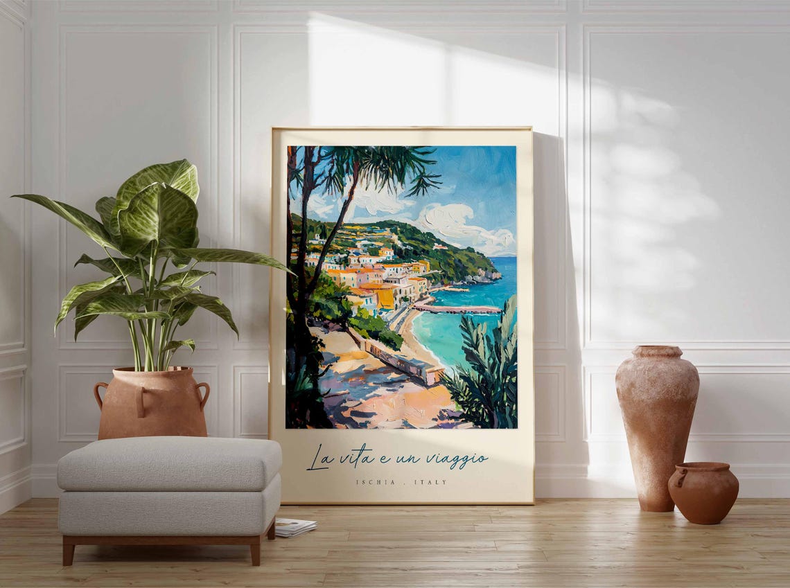 Ischia Italy Sunny Coastal Village Pines And Beach Cove Poster - Image 3