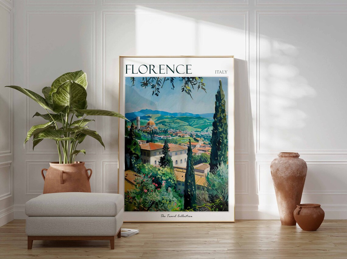 Florence Italy Travel Poster Tuscan Hills Cypress Trees And Duomo - Image 2