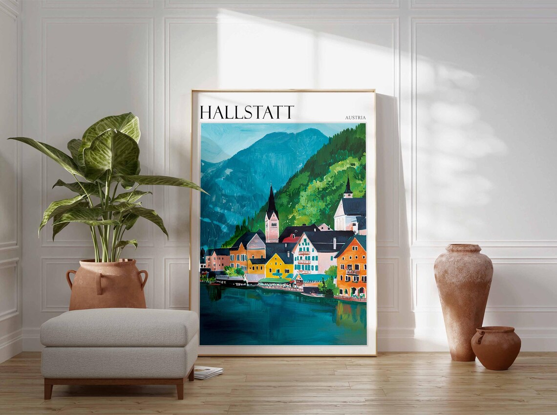 Hallstatt Austria Village Houses Teal Lake Illustration Poster - Image 2
