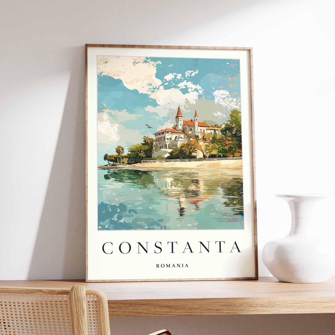 Constanta Romania Waterfront Palace Lake Reflection Travel Poster