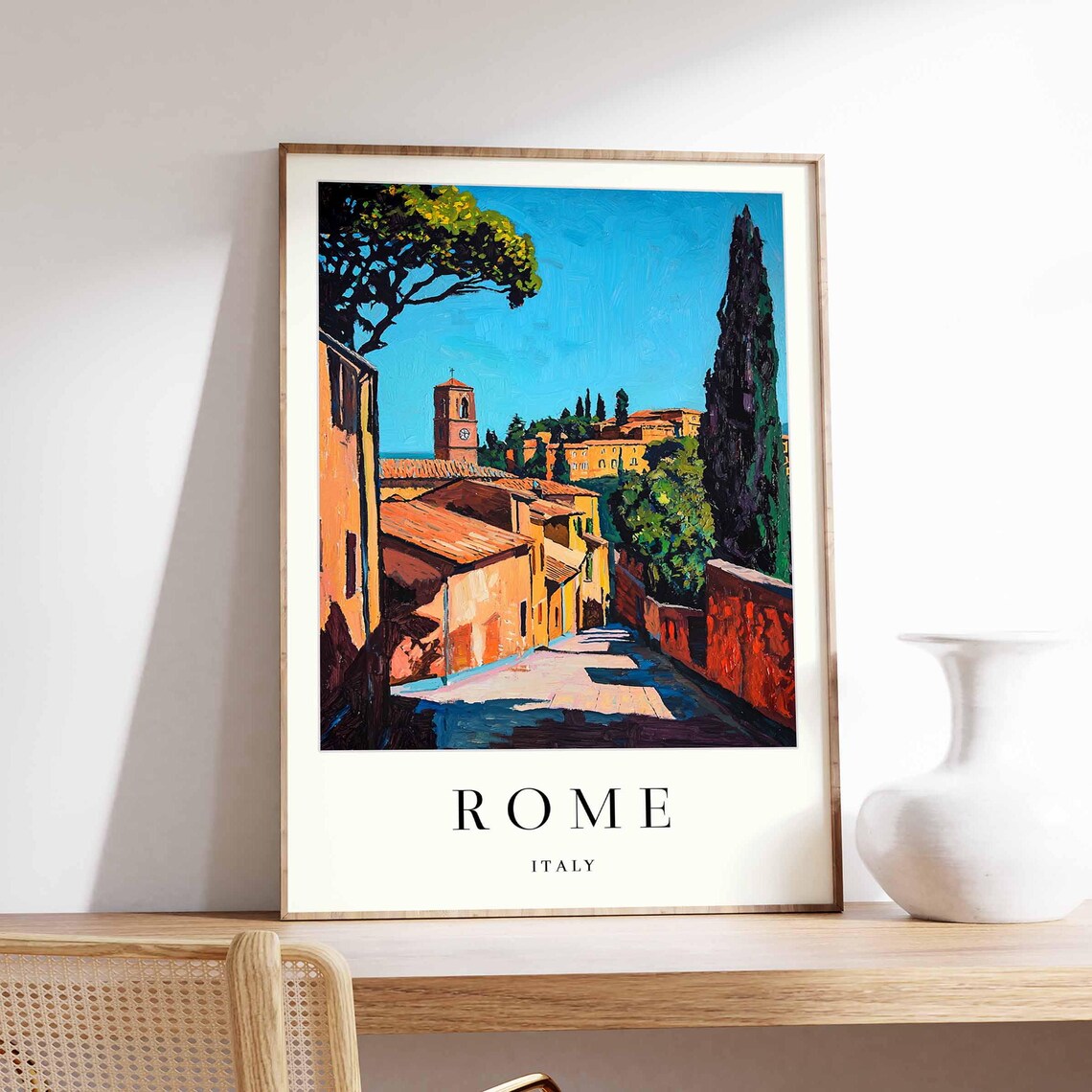 Rome Italy Tall Cypress Lined Lane Leading To Historic Clock Tower Travel Poster
