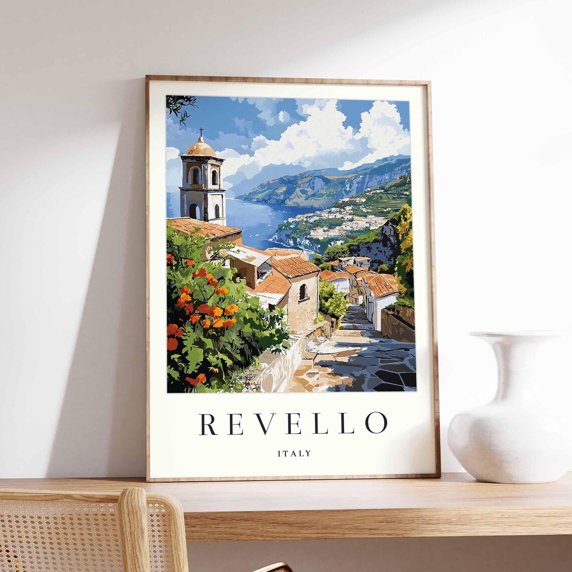 Revello Italy Village Street Bell Tower Above Bay Coast Poster