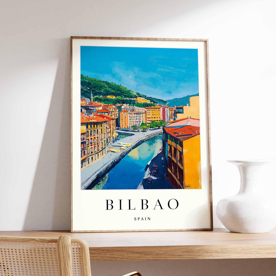 Bilbao Spain Riverside Canal Cityscape Travel Poster Basque Art