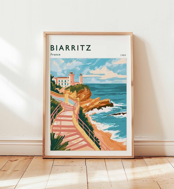 Biarritz France 1989 Vintage Lighthouse Coastal Stairway View Poster