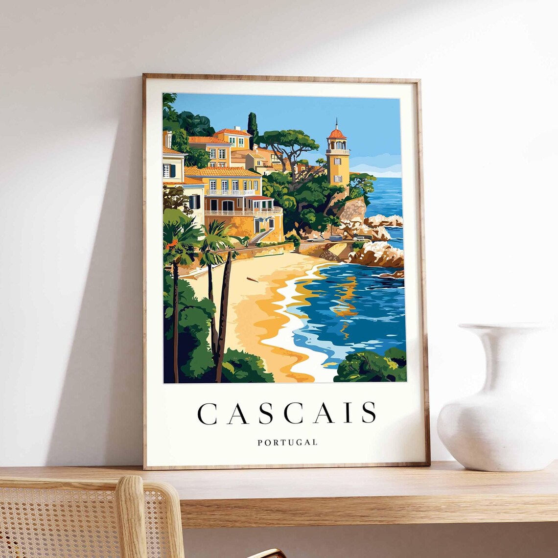 Cascais Portugal Beach Palms Lighthouse Seaside Vintage Travel Poster