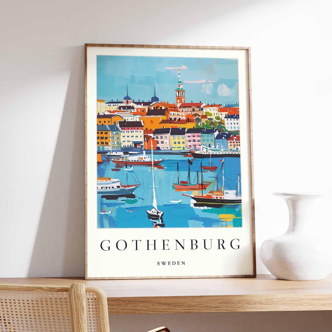 Gothenburg Sweden Harbor Boats Watercolor Scandinavian Travel Poster