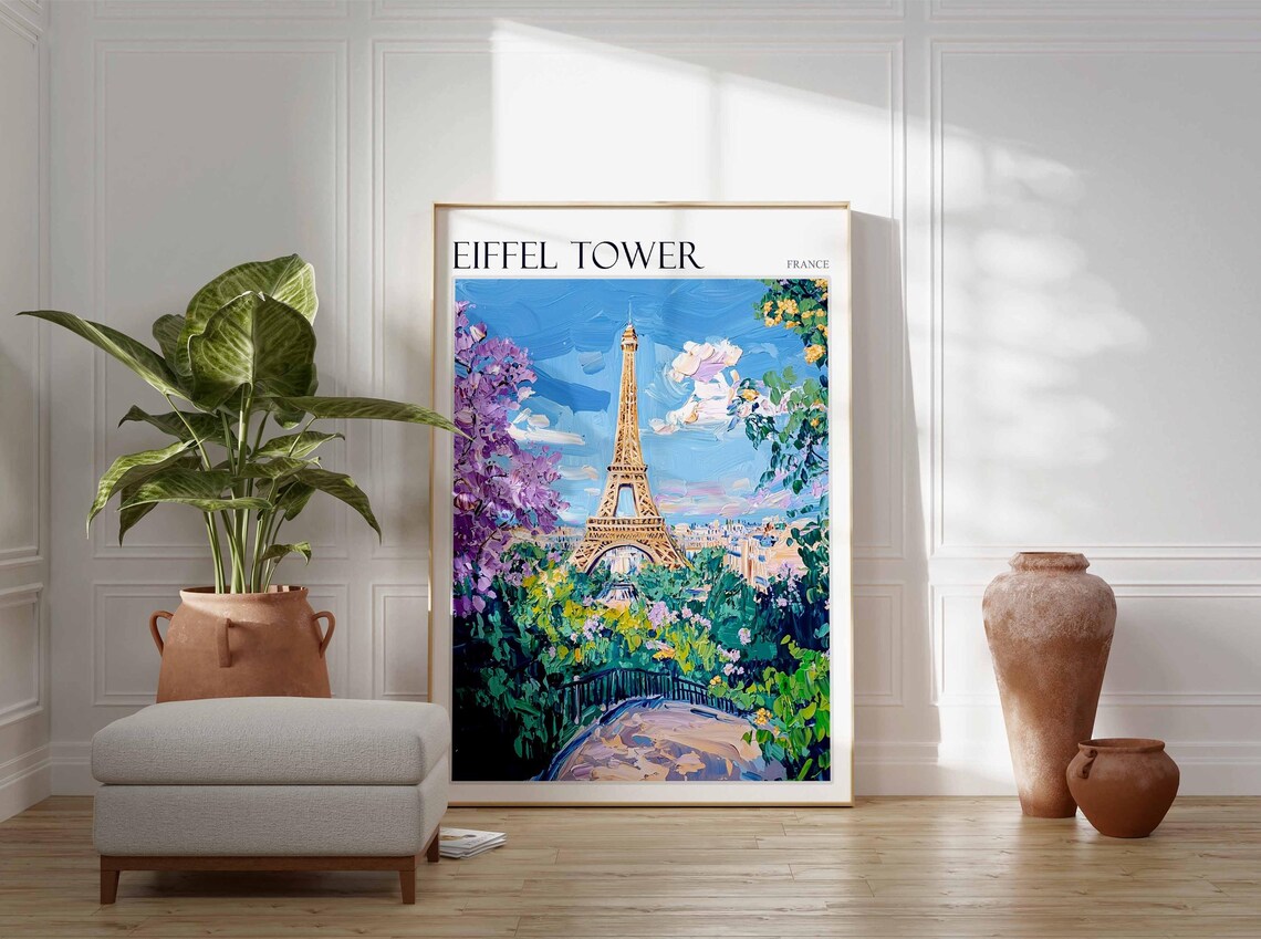 Eiffel Tower France Travel Poster Lilac Garden Bridge Blossom Painting - Image 2