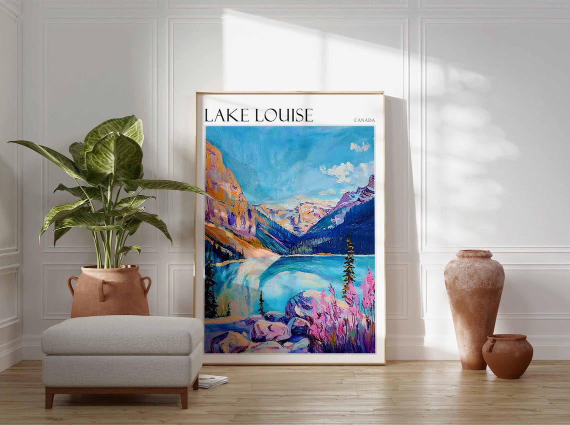 Lake Louise Canada Turquoise Lake Rocky Peaks Pink Wildflowers Poster - Image 2