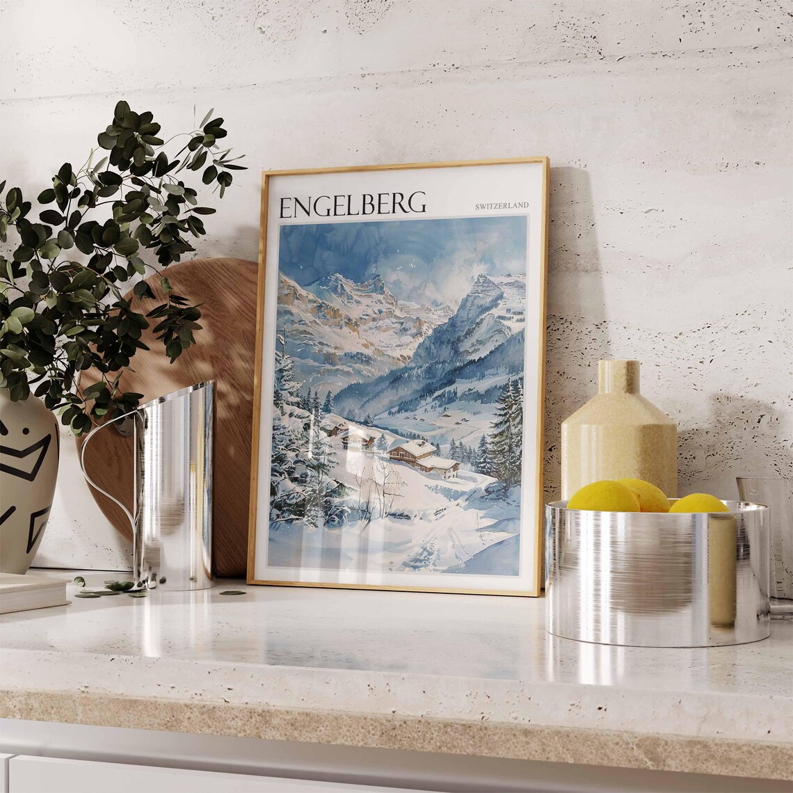 Engelberg Switzerland Watercolor Valley Chalets Snowy Mountain Poster - Image 2