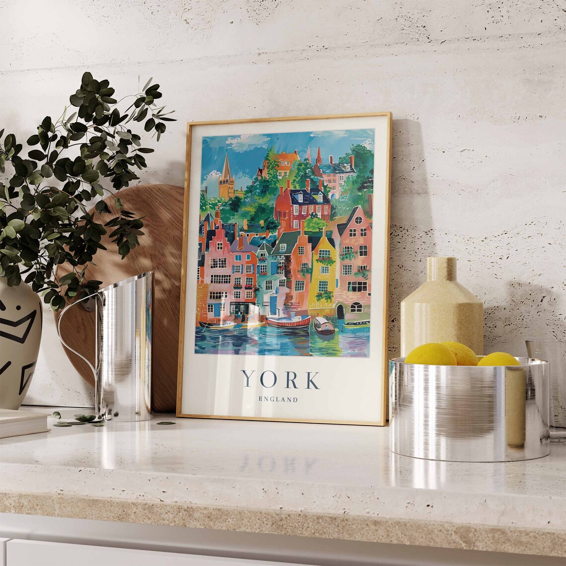 York England Colorful Riverside Boats Old Town Travel Poster - Image 2