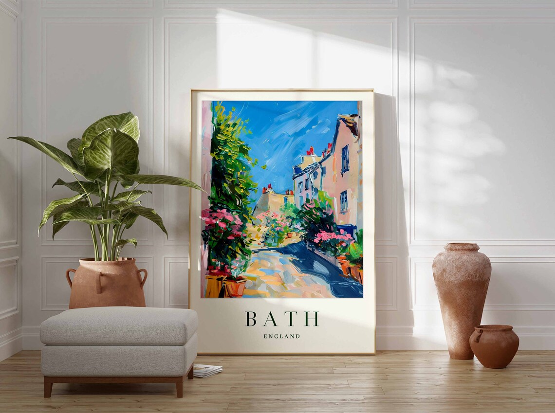 Bath England Colorful Cobbled Street Flowers Painting Poster - Image 2