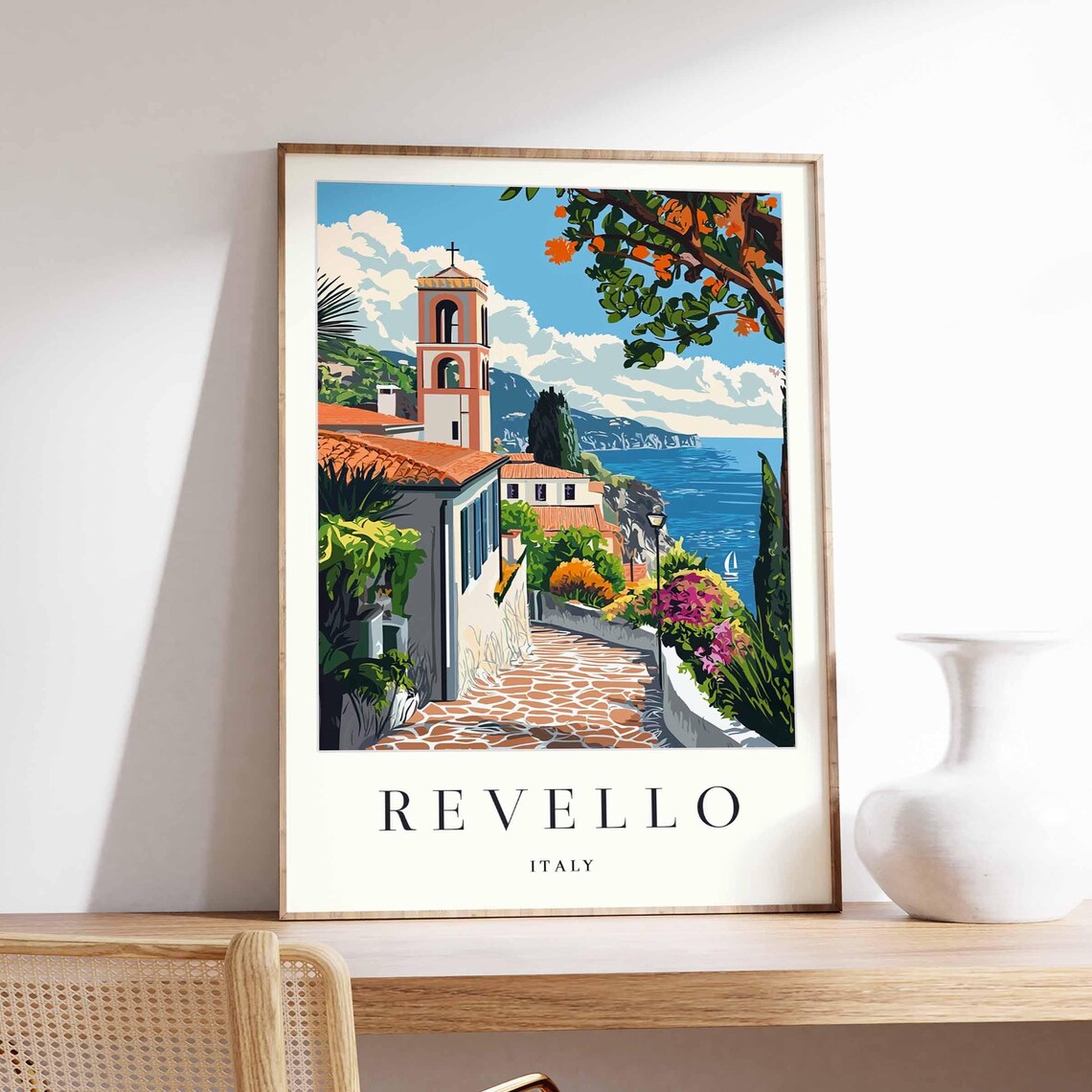 Revello Italy Cobbled Path Church Bell Tower Sea Flowers Poster