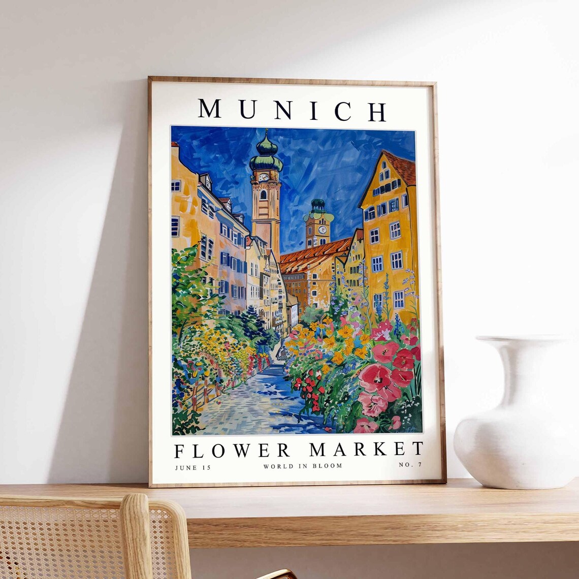 Munich Flower Market Cobbled Lane Blossoms Church Spires Poster