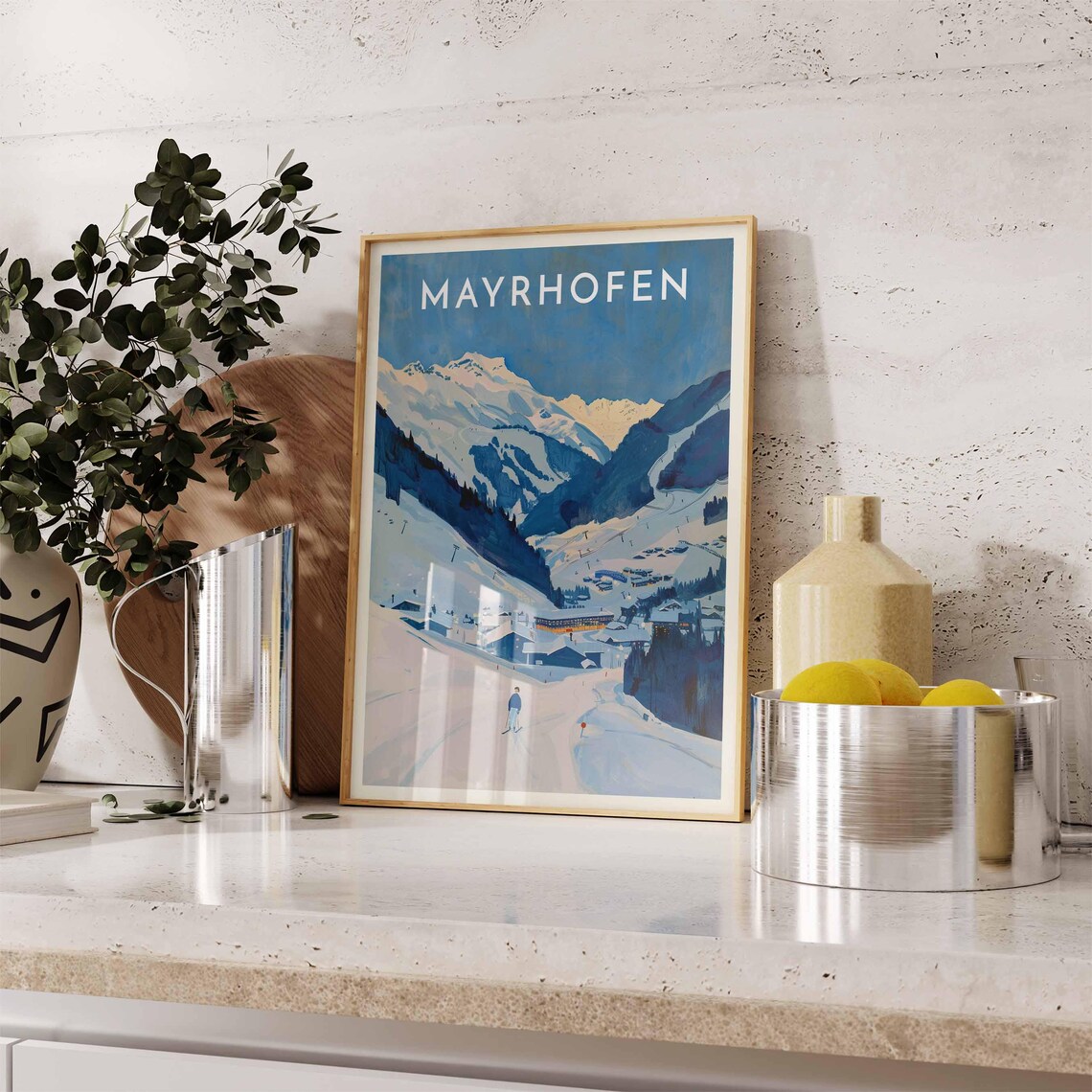 Mayrhofen Lone Skier Minimal Blue Mountains Travel Art Poster - Image 2
