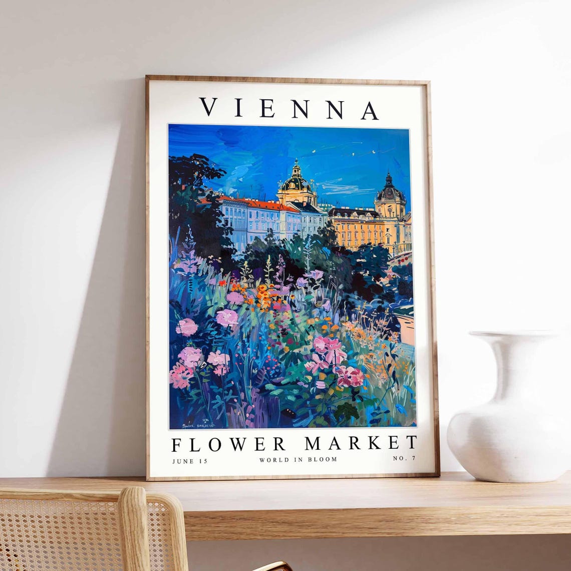 Vienna Flower Market Night Moonlit Cityscape Glowing Garden Poster