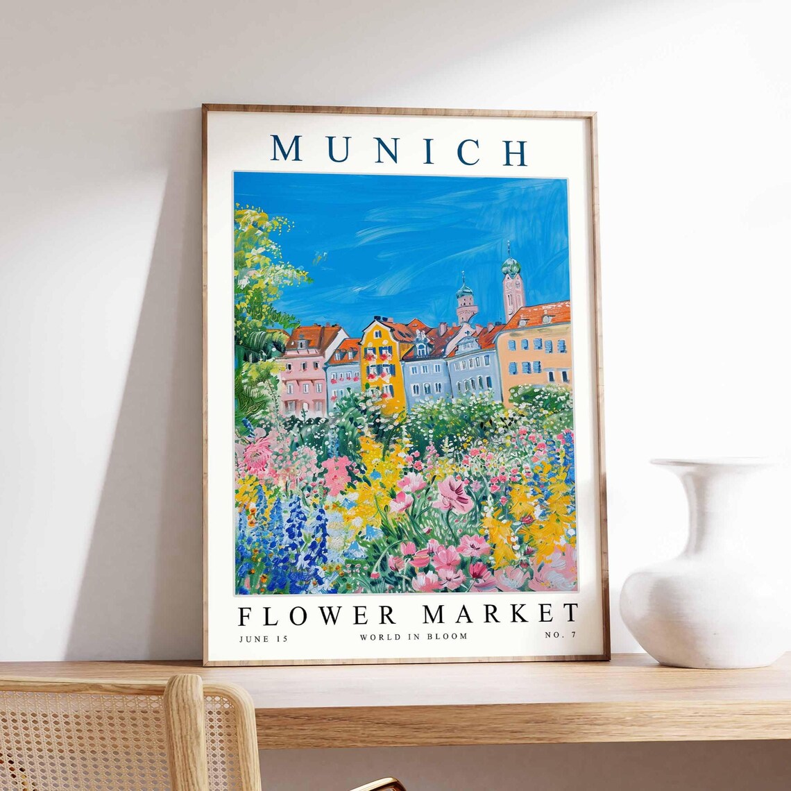 Munich Flower Market Pastel Rooftops Flower Meadow View Poster