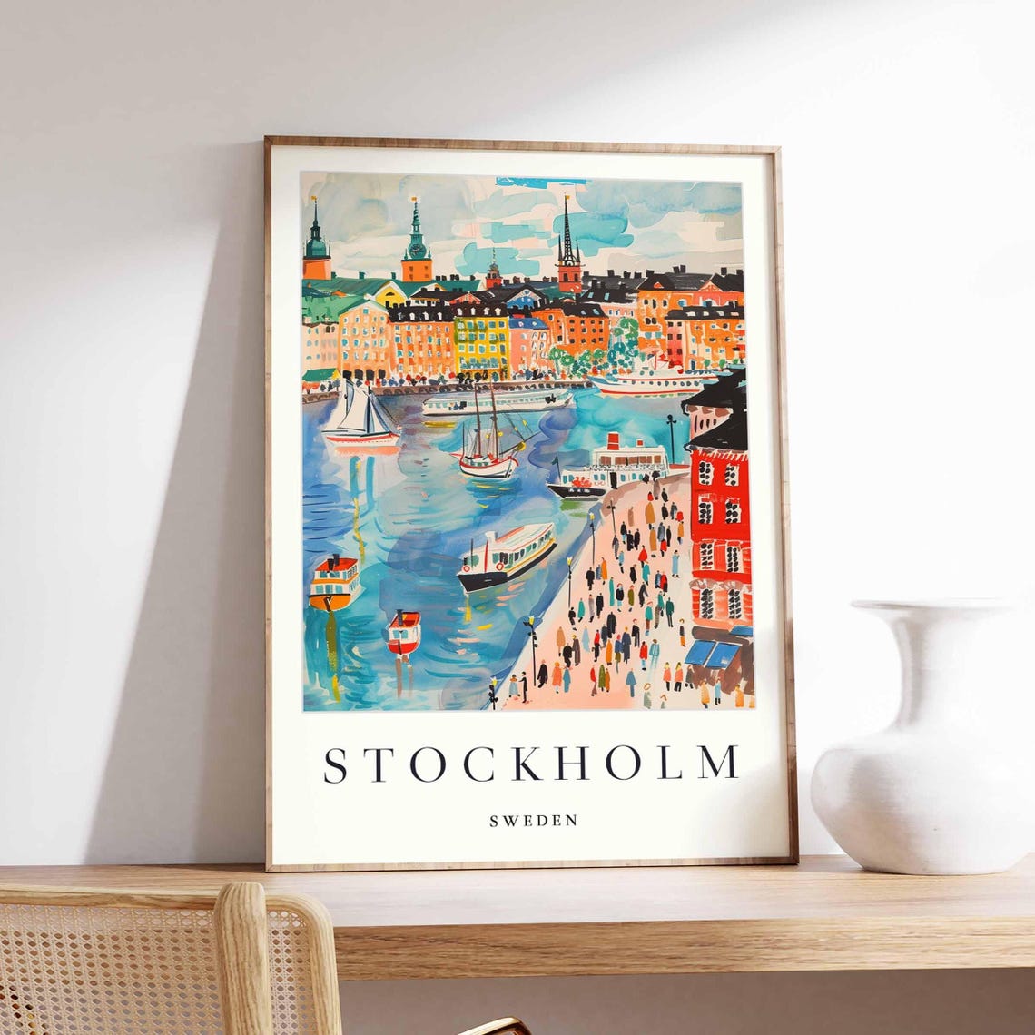 Stockholm Sweden Harbor Boats Quay Crowd Watercolor Art Poster