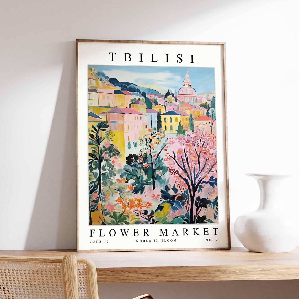 Tbilisi Flower Market Dome Church Pastel Blossom Trees Poster
