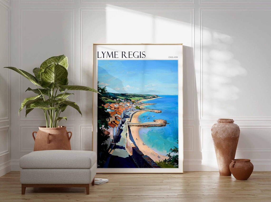 Lyme Regis England Aerial View Cobb Harbor Beach Painting Poster - Image 3