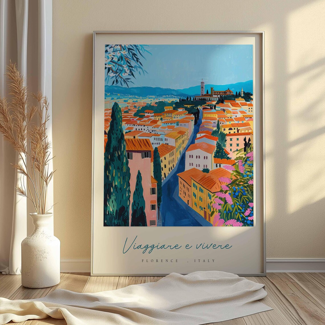 Florence Winding River Colorful Town View Italy Travel Poster - Image 2