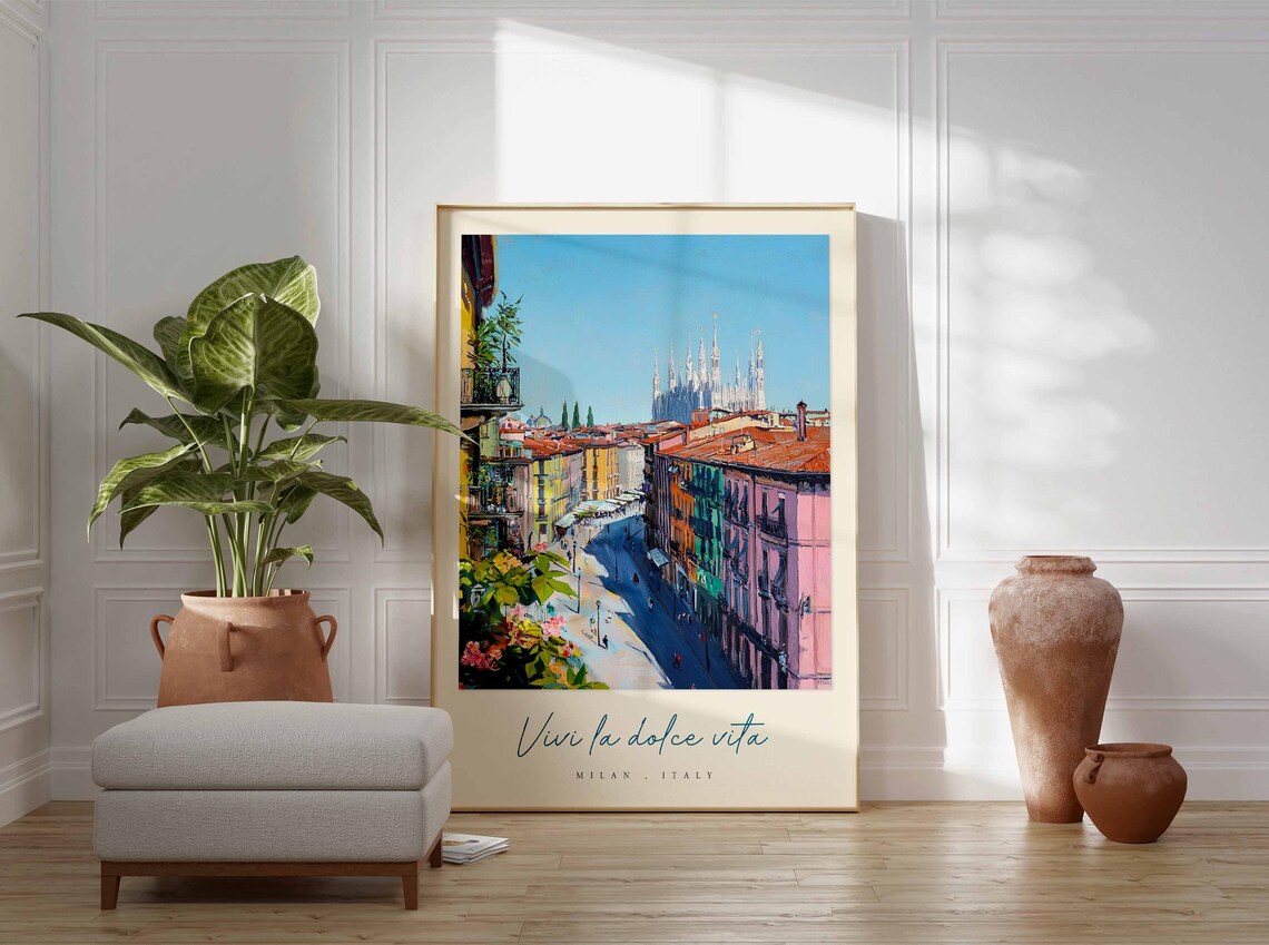 Milan Italy Street View Cathedral Spires Floral Watercolor Poster - Image 3