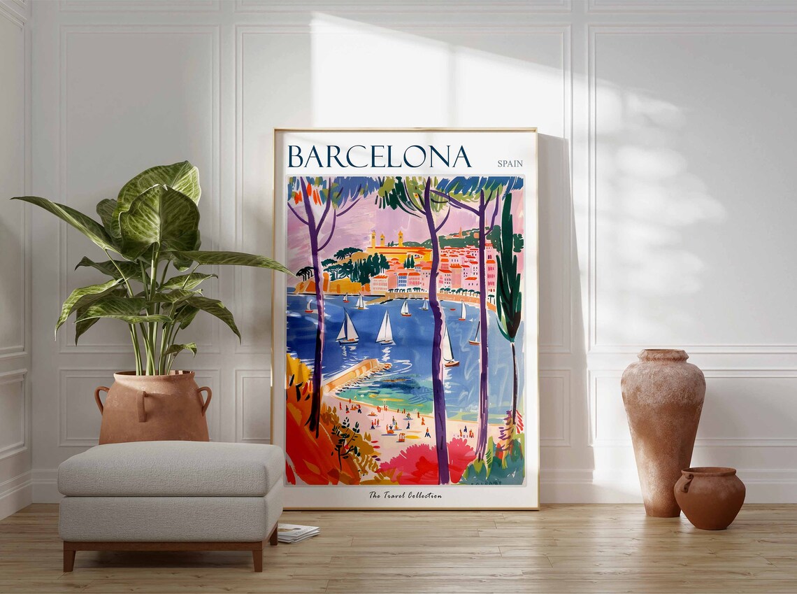 Barcelona Spain Harbor Sailboats Beach Coastal City Travel Poster - Image 3