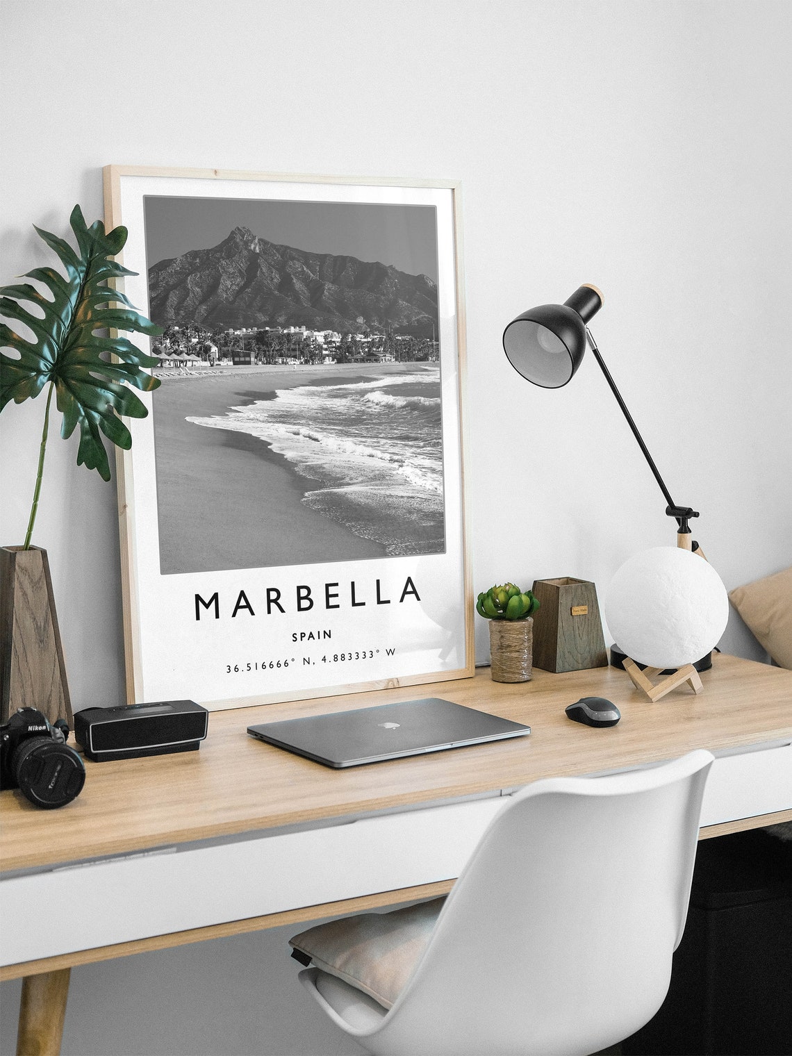 Marbella Spain Black and White Beach Photography Coordinates Poster - Image 2