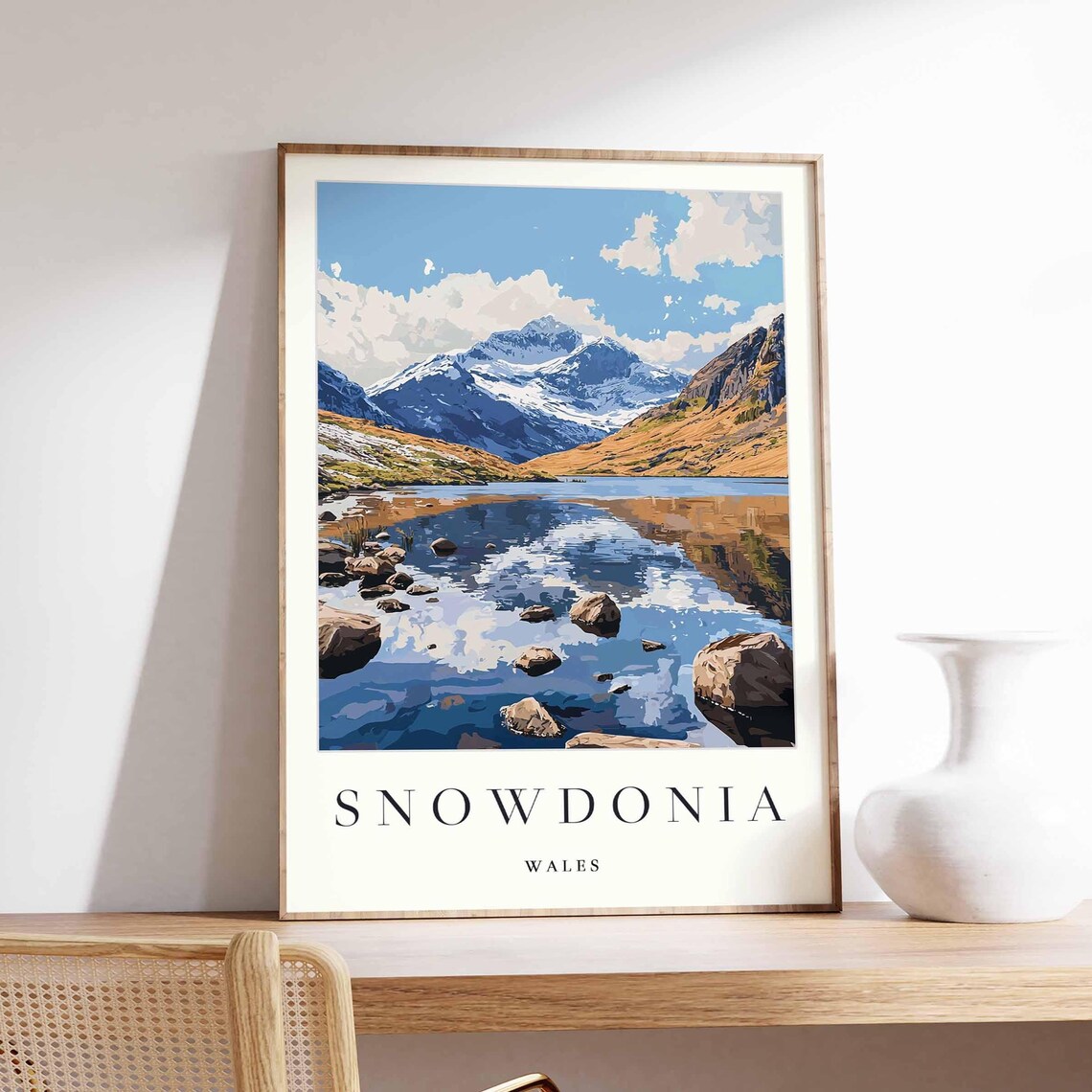 Snowdonia Wales Snow Capped Peaks Rocky Stream Mountain Travel Poster