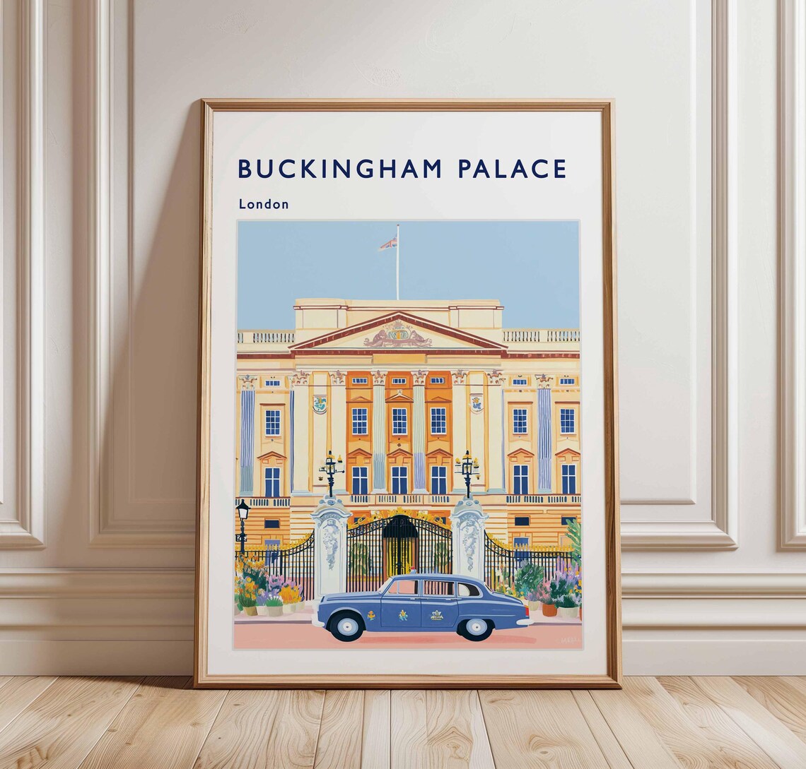 Buckingham Palace London Front Gates Royal Vintage Car Travel Poster