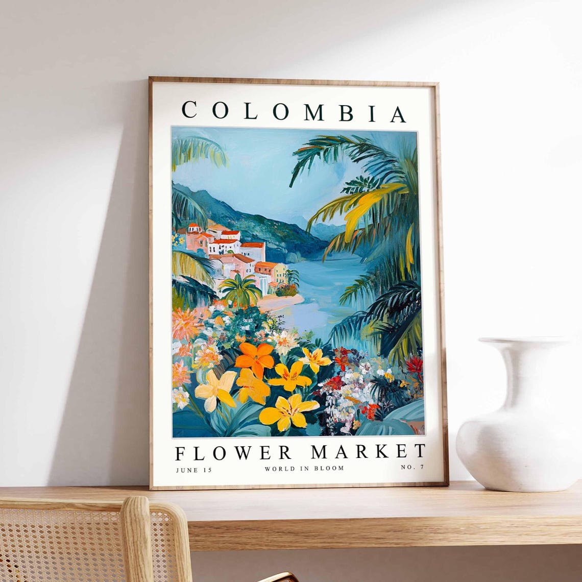 Colombia Flower Market No 7 Coastal Palms Yellow Lilies Art Poster