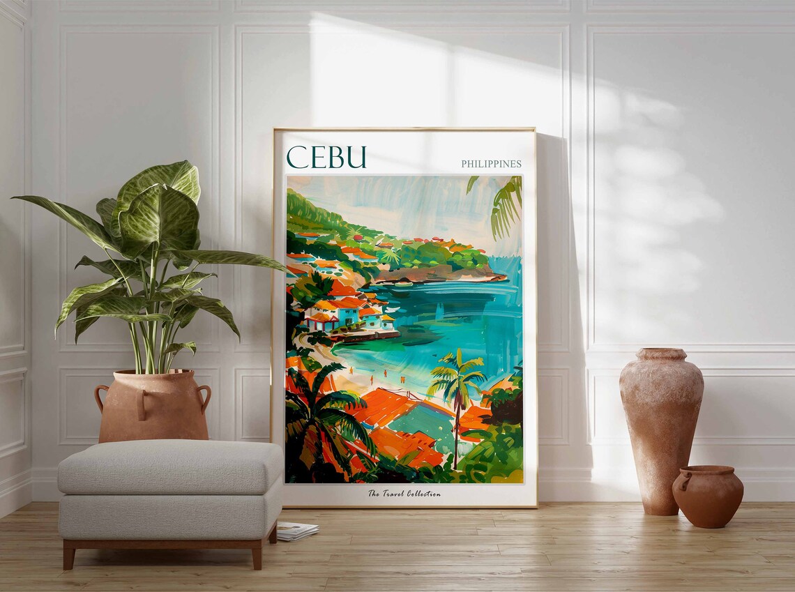 Cebu Philippines Turquoise Cove Palm Fringed Beach Travel Poster - Image 3