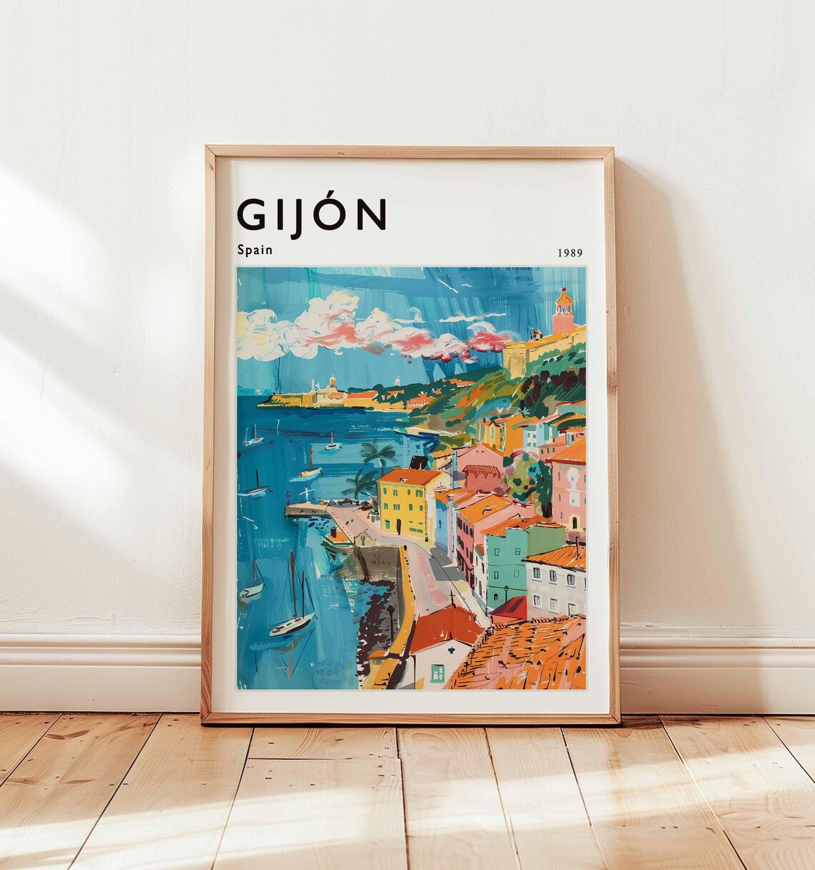 Gijon Spain Marina Sailboats Green Hillside 1989 Travel Poster