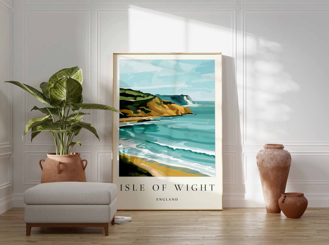 Isle Of Wight England Teal Waves Ochre Cliffs Coastal Travel Poster - Image 3