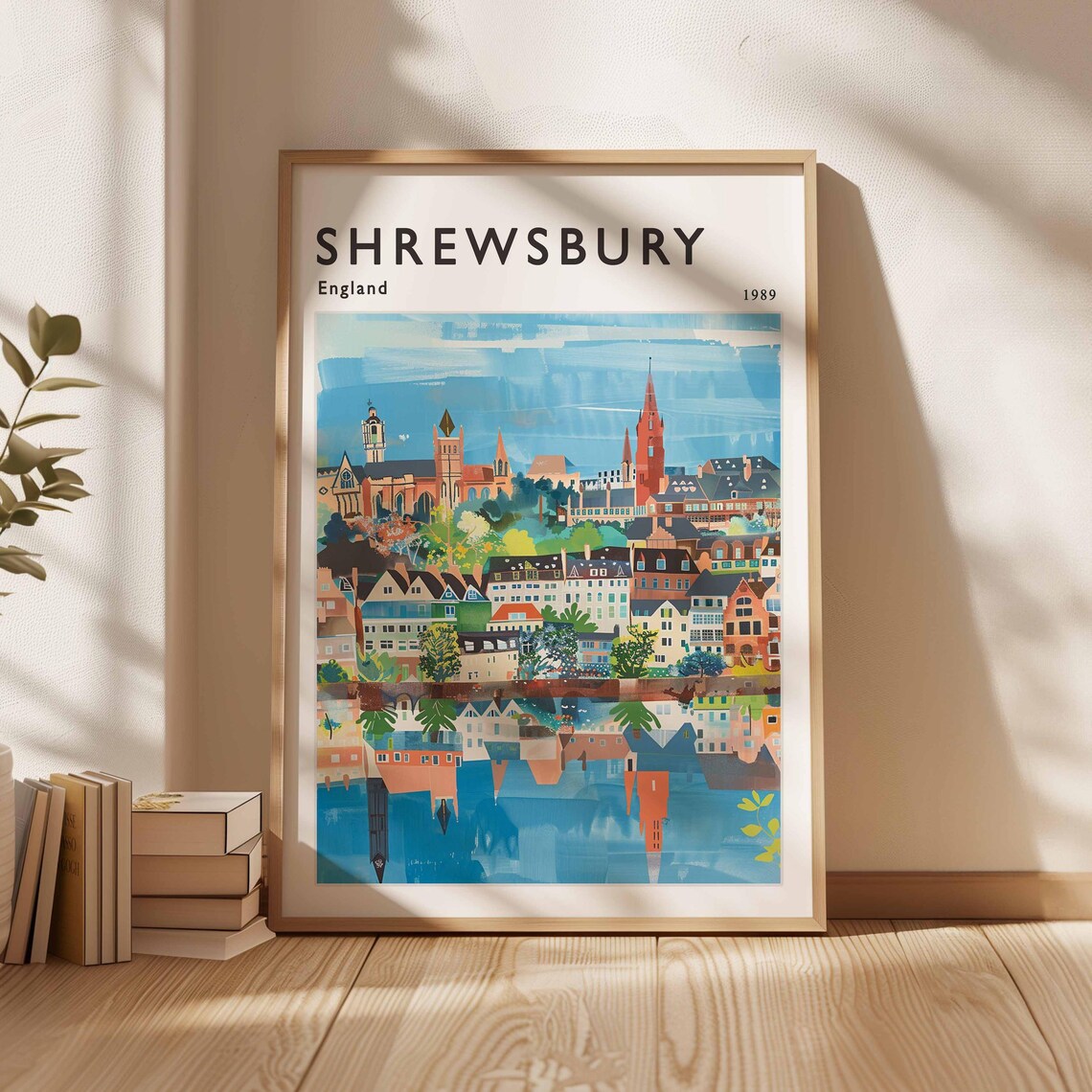 Shrewsbury England 1989 Waterfront Town Skyline Churches Travel Art Poster