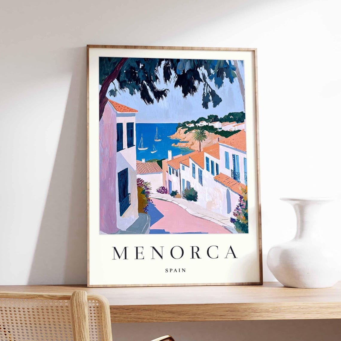 Menorca Spain Coastal Village Street Sailboats Scene Art Poster
