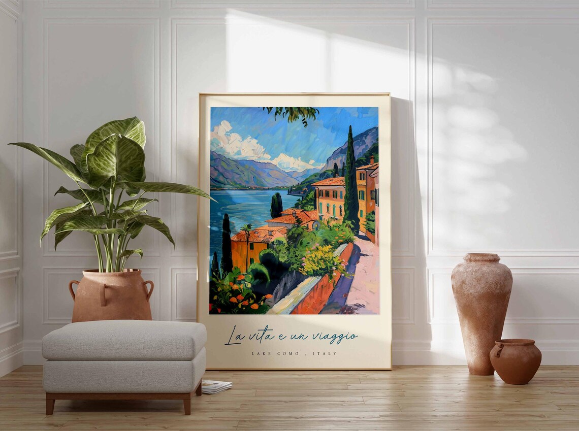 Lake Como Italy Sunny Villa Garden Path Cypress Lake View Poster - Image 3