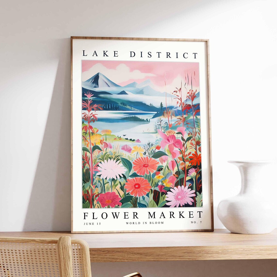 Lake District Flower Market Pink Daisy Snowy Peak View Poster