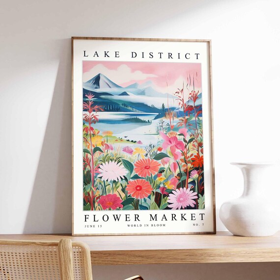 Lake District Flower Market Pink Daisy Snowy Peak View Poster