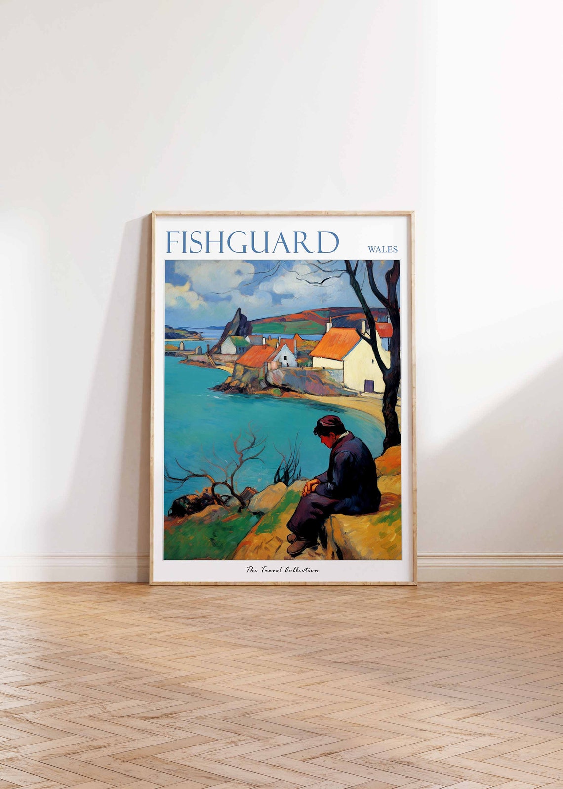Fishguard Wales Harbour Man on Cliff Scene Vintage Travel Poster - Image 2