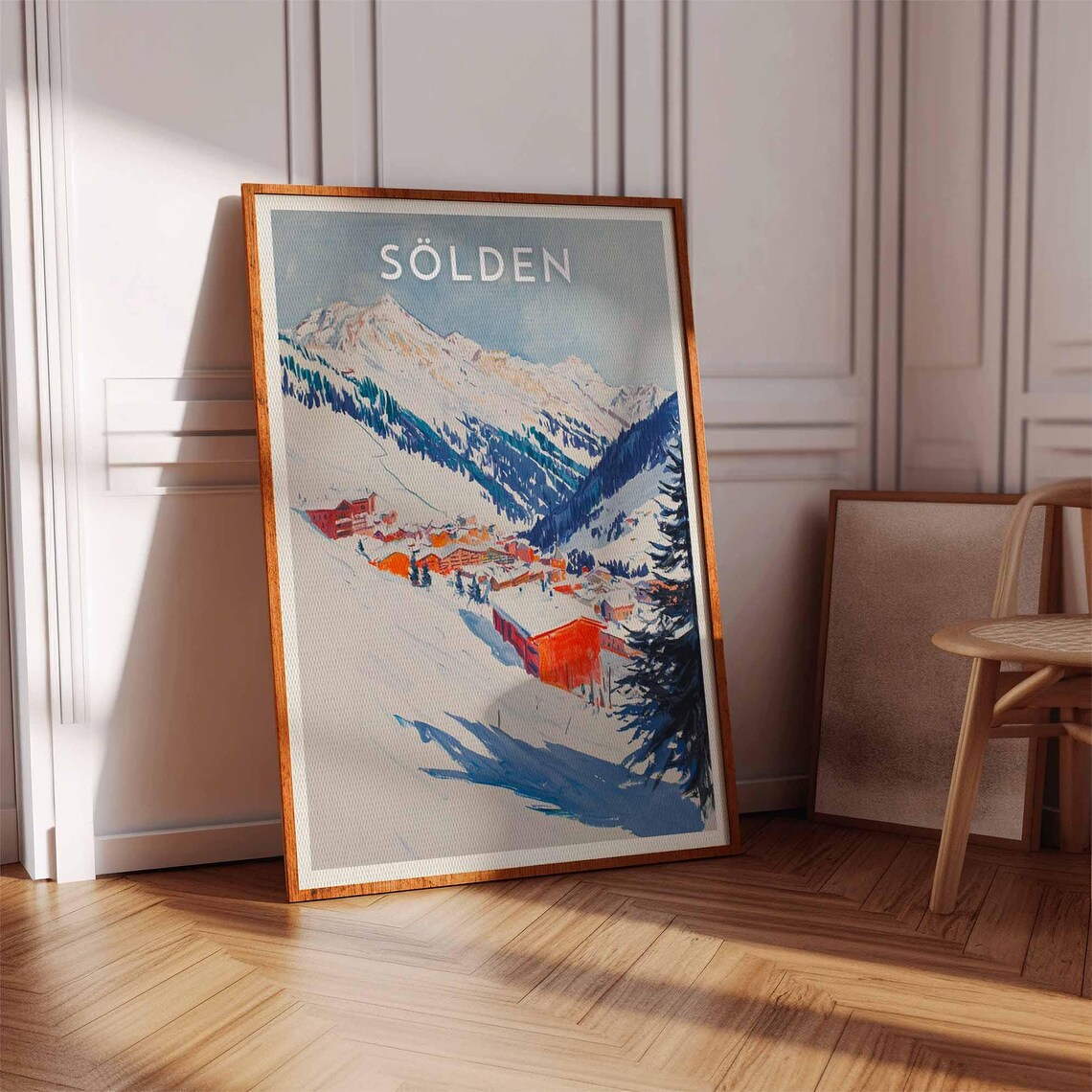 Sölden Austria Watercolor Valley Chalets Under Snowy Peaks Poster - Image 3