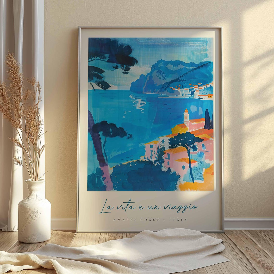 Amalfi Coast Blue Harbor Cypress Trees Painterly Travel Poster - Image 2