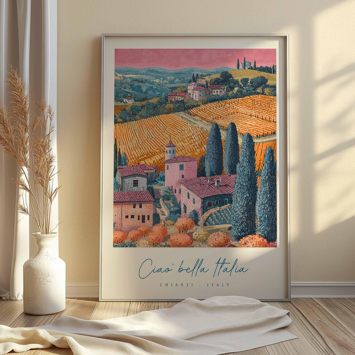 Chianti Italy Ciao Bella Italia Golden Vineyard Hills Farmhouse Poster - Image 2