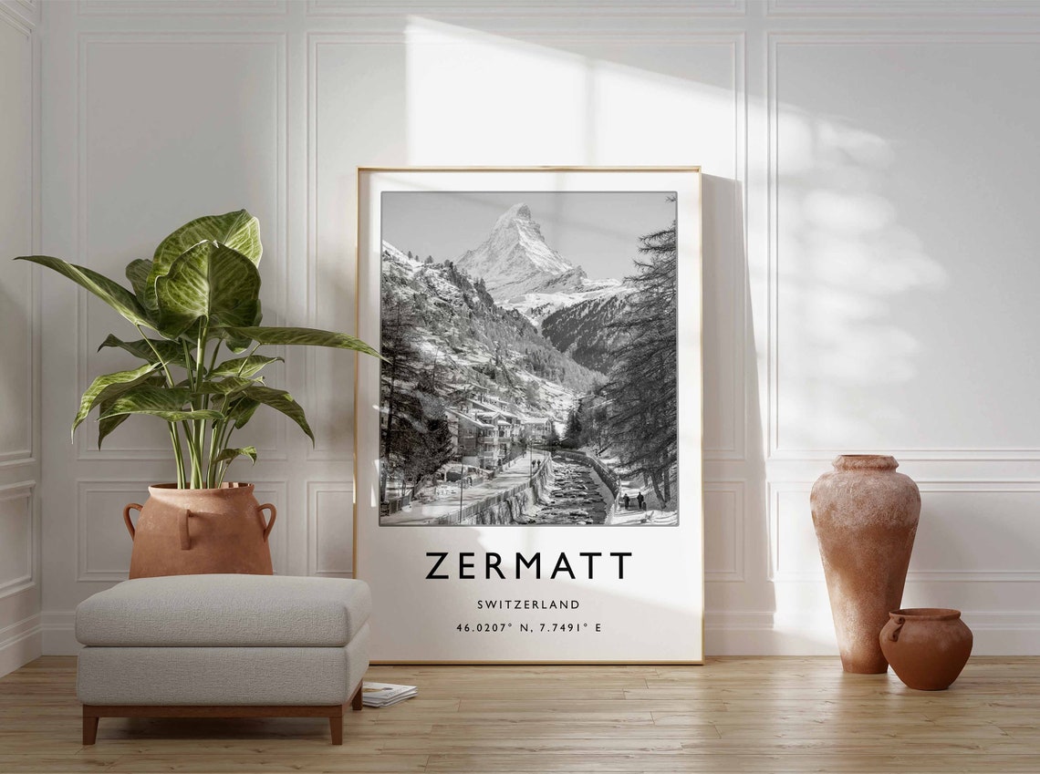 Zermatt Switzerland Matterhorn Black and White Alpine Poster - Image 2