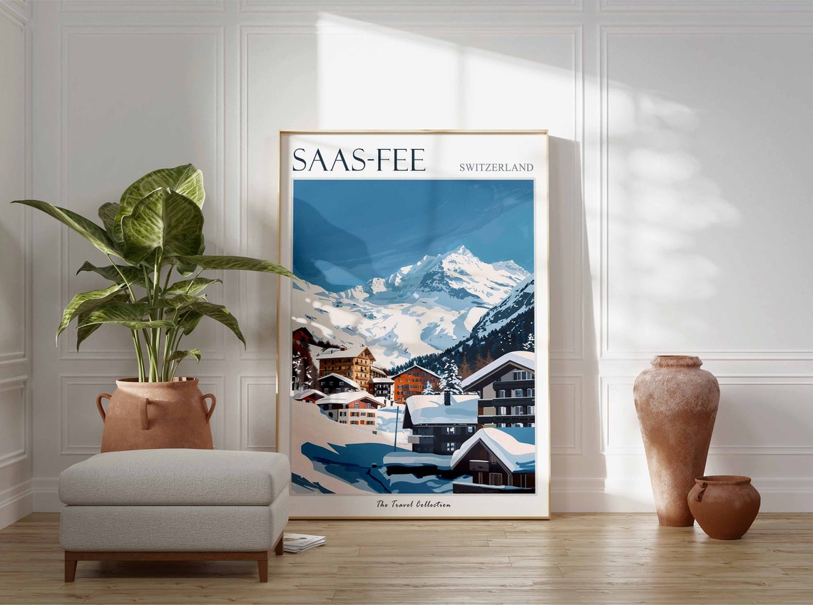 Saas-Fee Switzerland Colorful Snow Village Peaks Winter Poster - Image 3