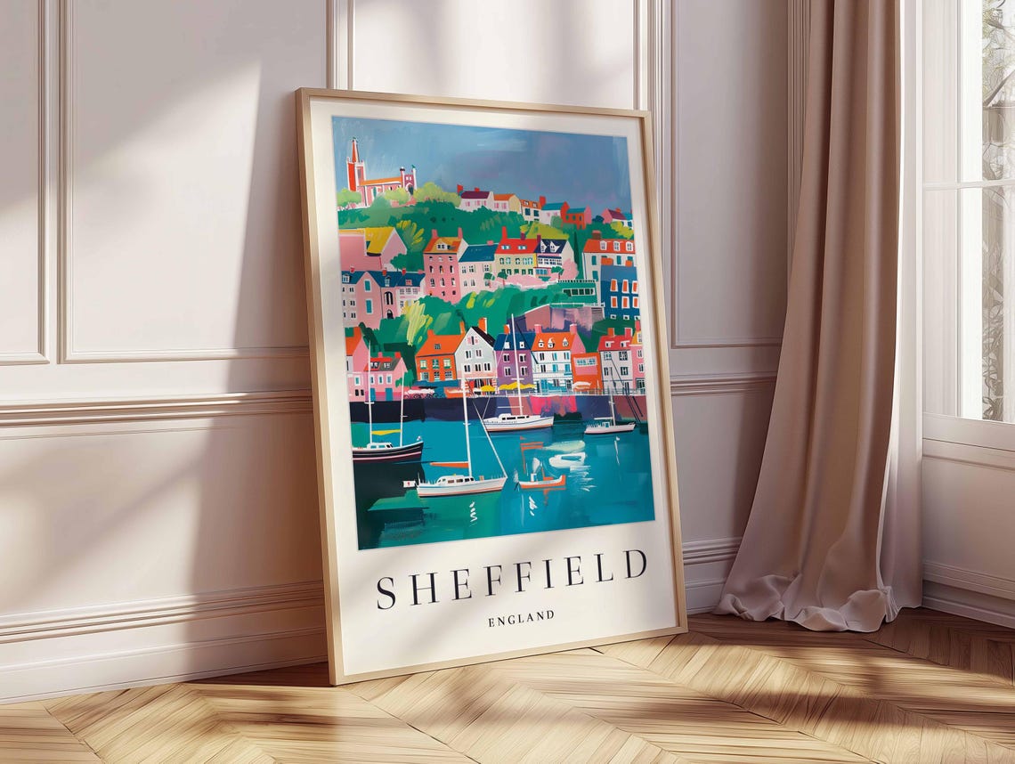 Sheffield England Watercolor City Skyline Under a Blue Sky Poster - Image 2