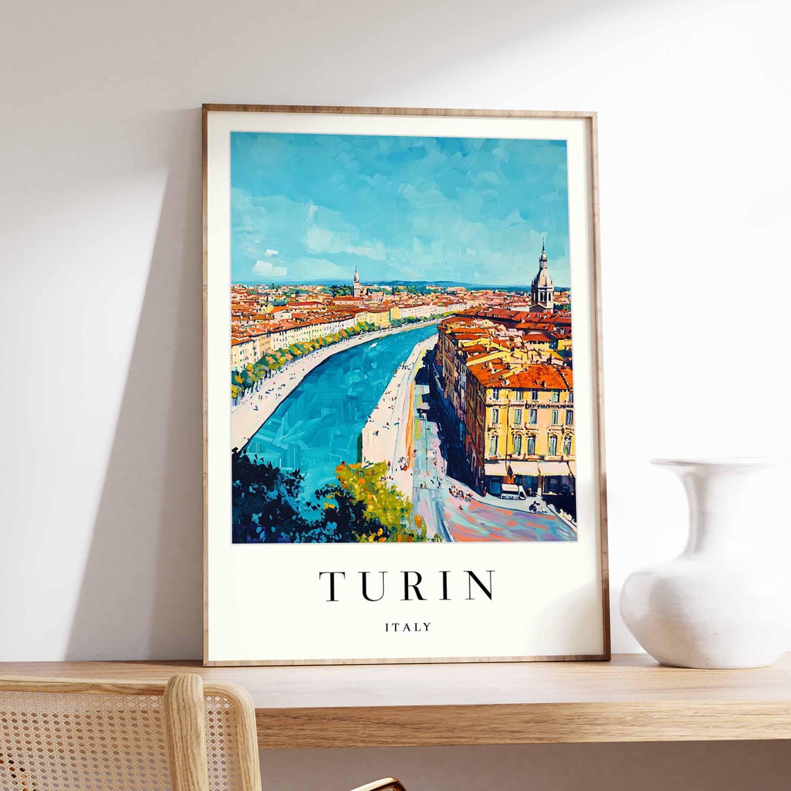 Turin Italy River Po Cityscape Poster with Church Tower View Art