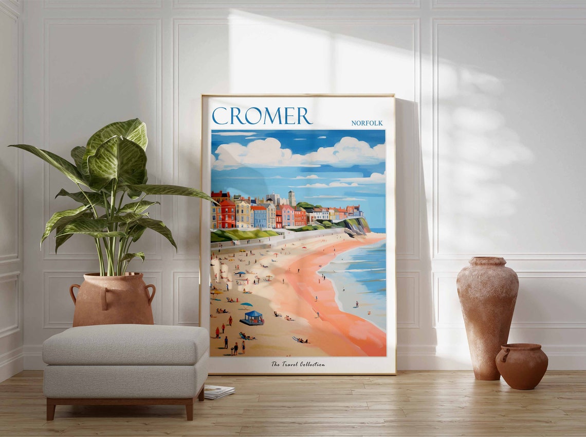 Cromer Norfolk Bustling Beach With Colorful Umbrellas Travel Poster - Image 3