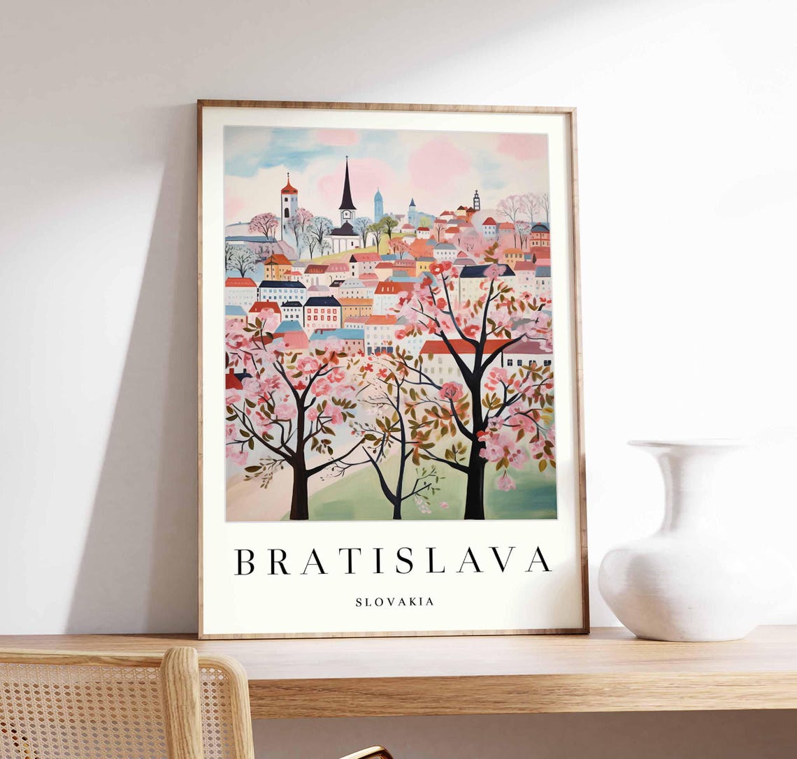 Bratislava Pink Blossom Trees Pastel City Skyline Spring Poster