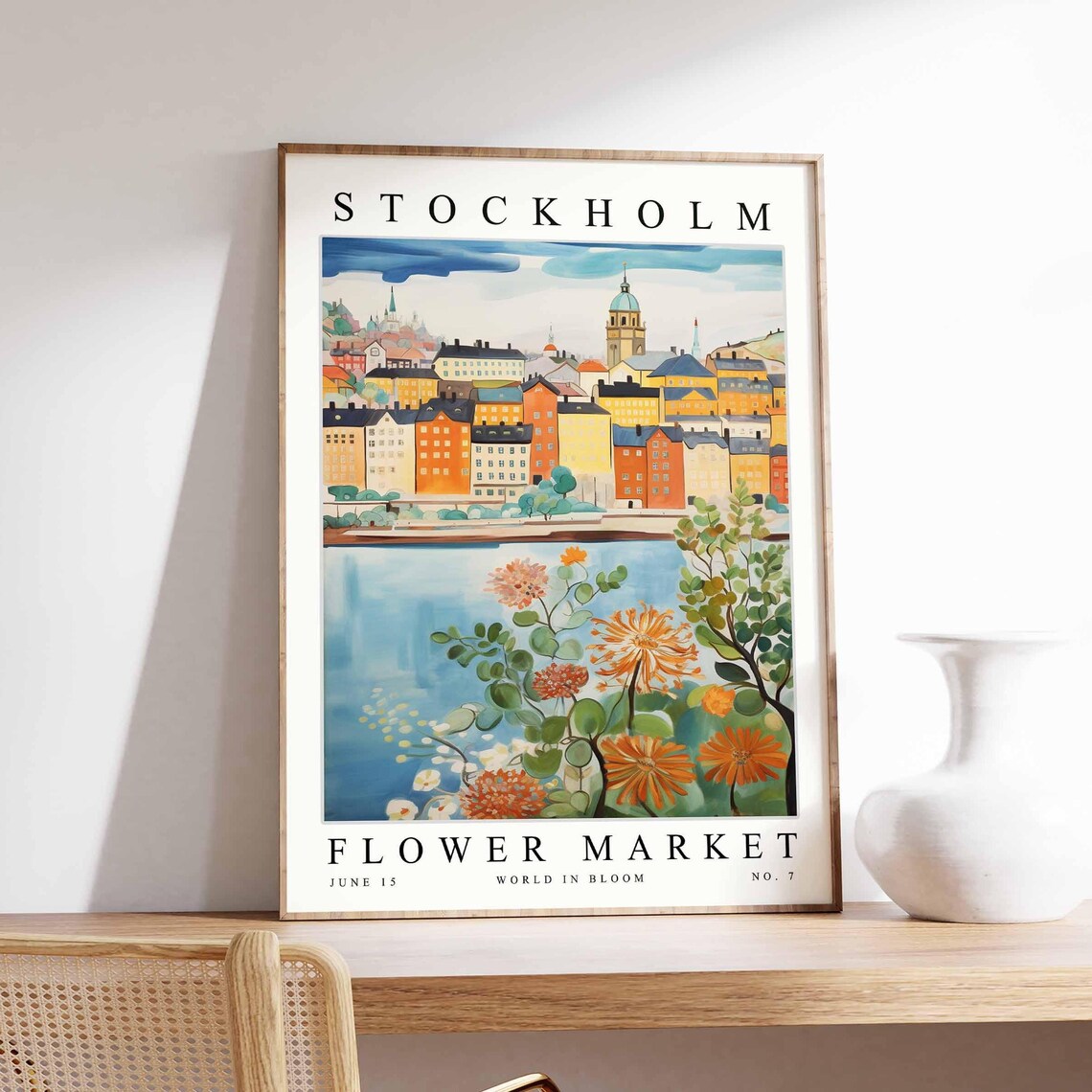 Stockholm Flower Market Hillside Houses Orange Dahlia Poster