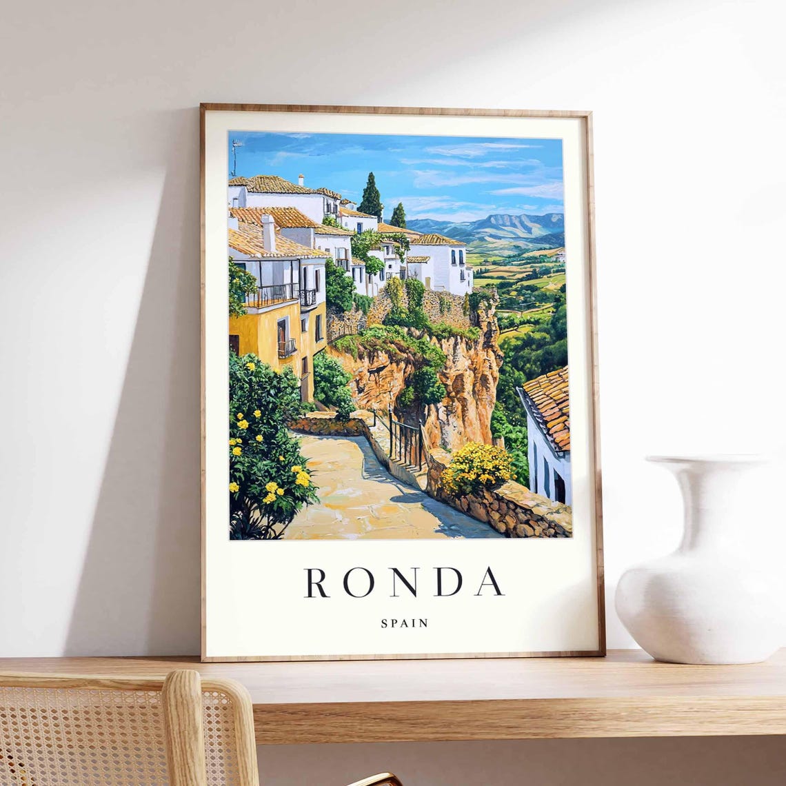 Ronda Spain Poster With Yellow Flowers On A Sunlit Stone Path